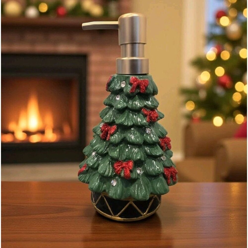 New Green Red Christmas Tree W/ Bows & Jewels Soap Dispenser Decoration